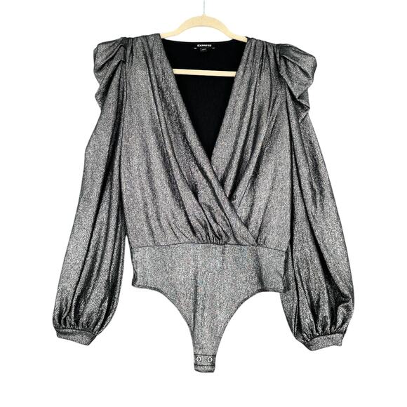 Express Silver Long Sleeves Shimmer Puff Shoulder Detail Wrap Bodysuit Small - Picture 1 of 6